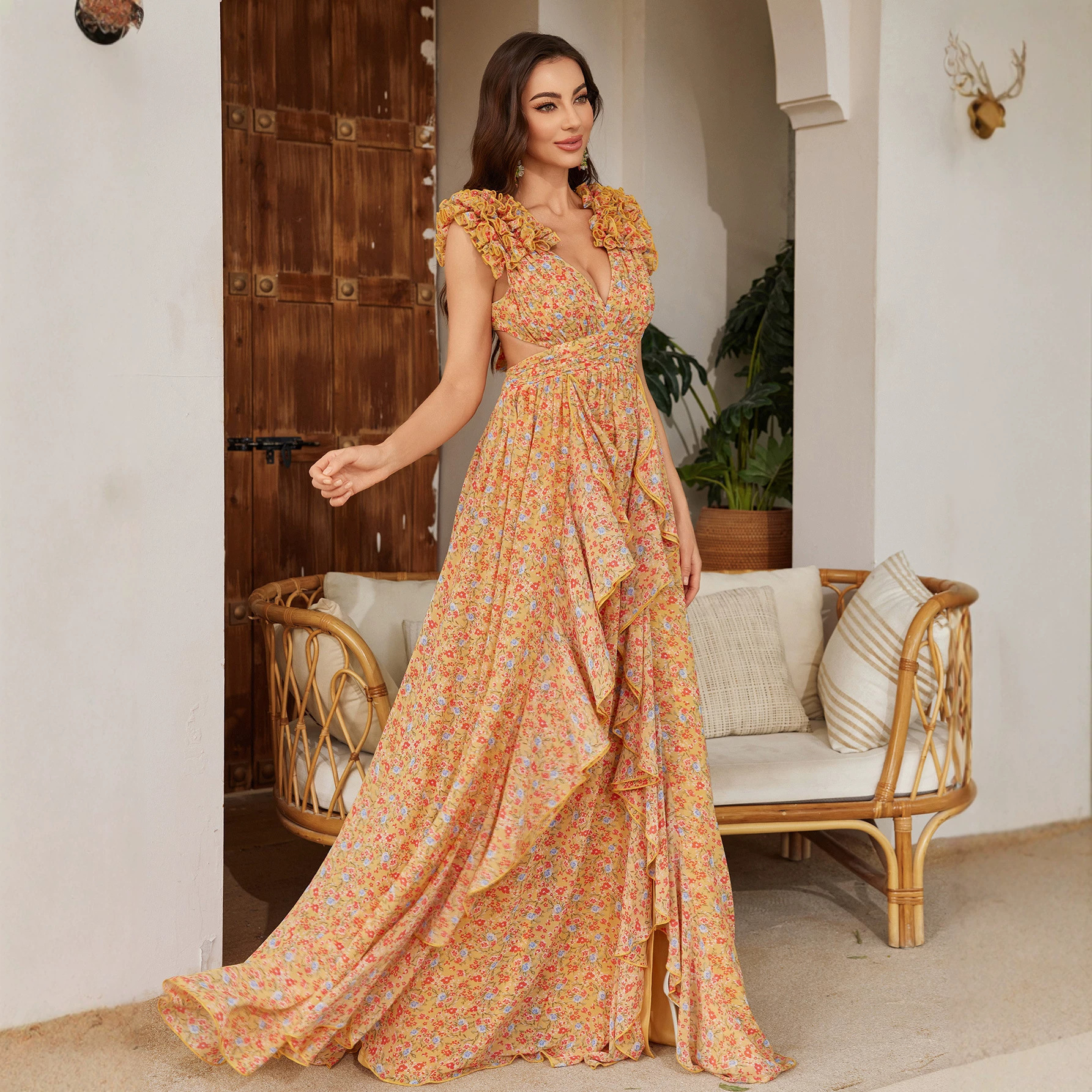 Floral Printed Asymmetrical Slit Chiffon Lace Dress