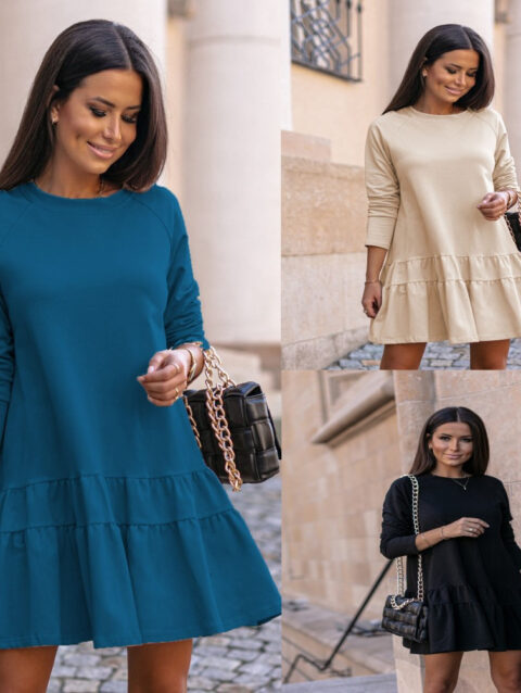 Long Sleeve Home Loose Round Neck Ruffle Ladies Dress