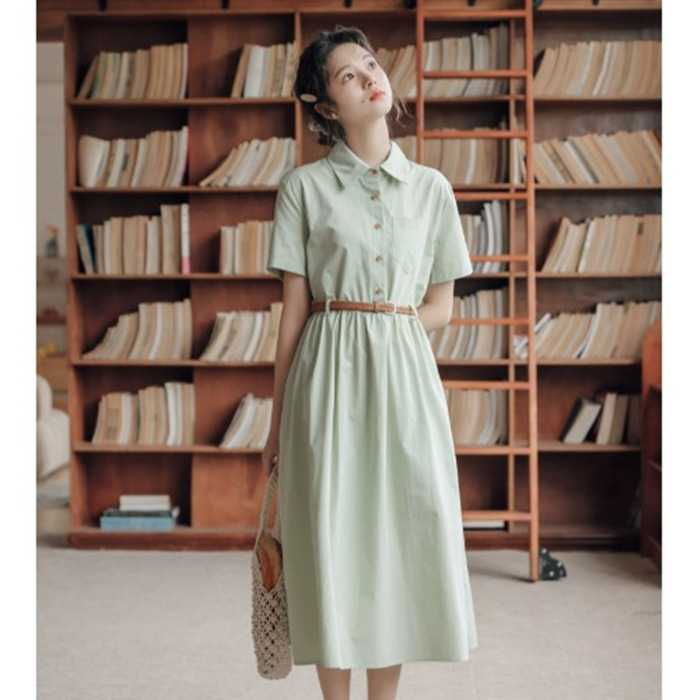 Preppy Style Simple Short Sleeves Shirt A- Line Waist Fitted Slimming Dress - Image 2