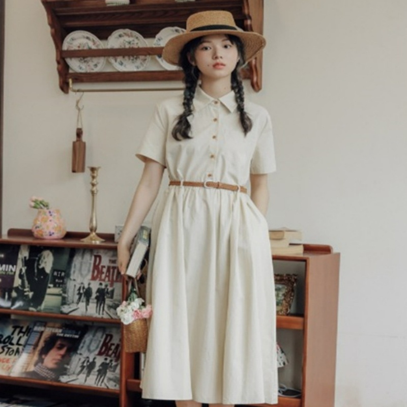 Preppy Style Simple Short Sleeves Shirt A- Line Waist Fitted Slimming Dress - Image 3