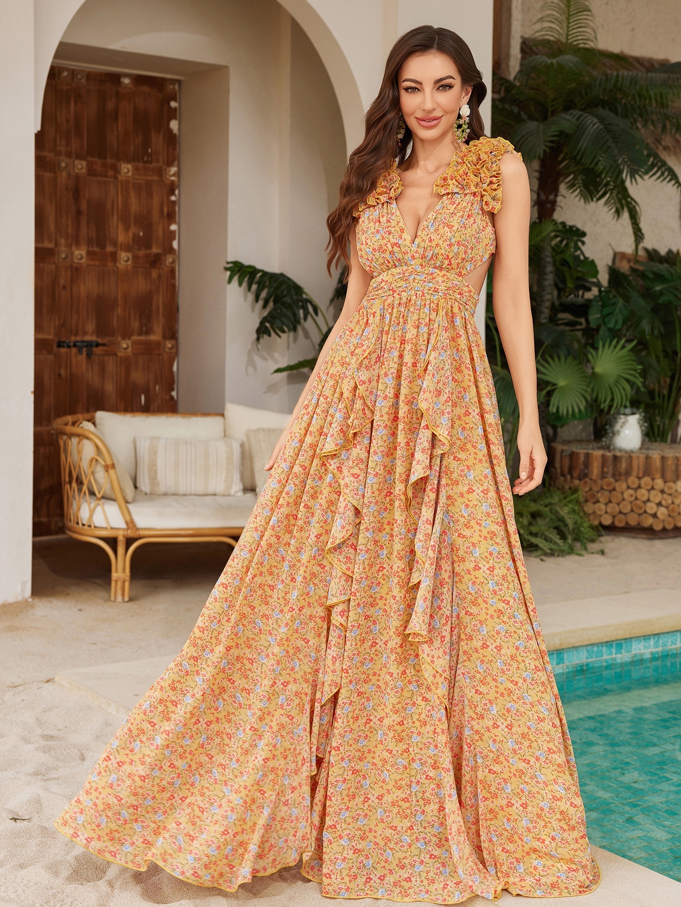 Floral Printed Asymmetrical Slit Chiffon Lace Dress - Image 4
