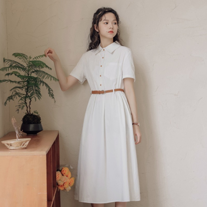 Preppy Style Simple Short Sleeves Shirt A- Line Waist Fitted Slimming Dress - Image 5