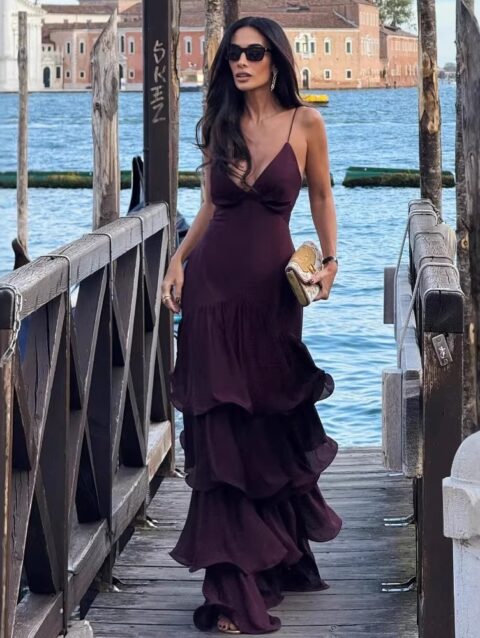 Solid-color French-style Deep-V Long Strap Dress