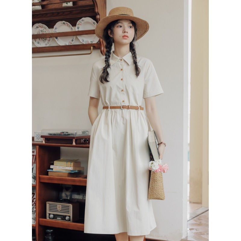 Preppy Style Simple Short Sleeves Shirt A- Line Waist Fitted Slimming Dress - Image 6