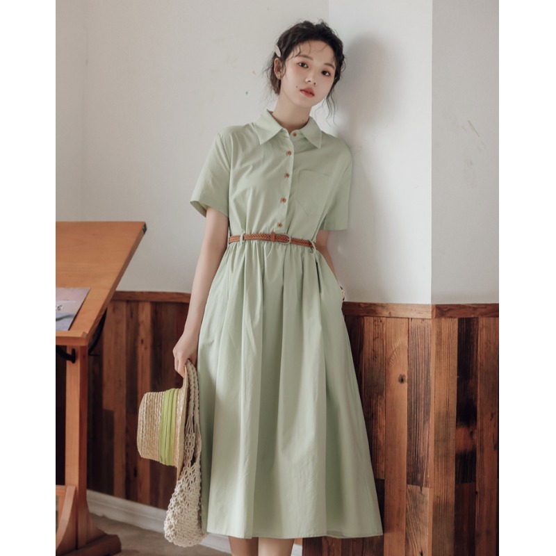 Preppy Style Simple Short Sleeves Shirt A- Line Waist Fitted Slimming Dress - Image 7