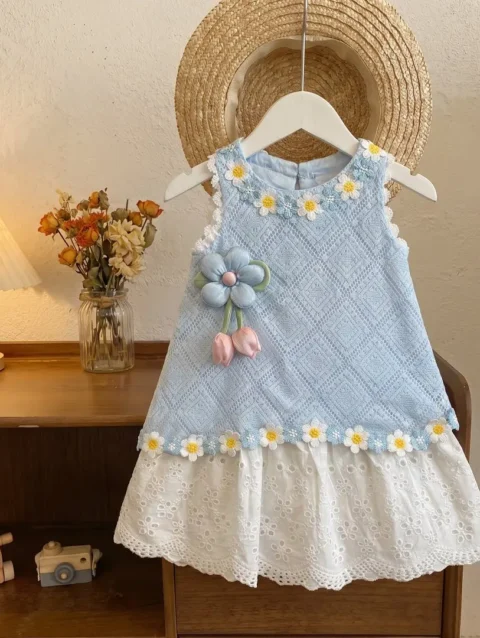 Fashionable Lace Little Girl Sweet Floral Vest Dress