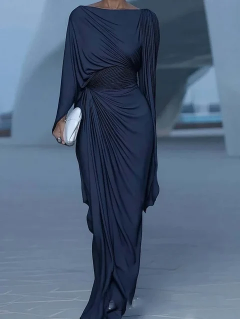 Elegant High Waist Solid Color Irregular Long Sleeve Dress
