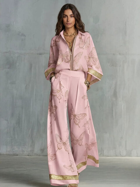 Loose-Fit Zip-Up Top And Wide-Leg Pants Two-Piece Set