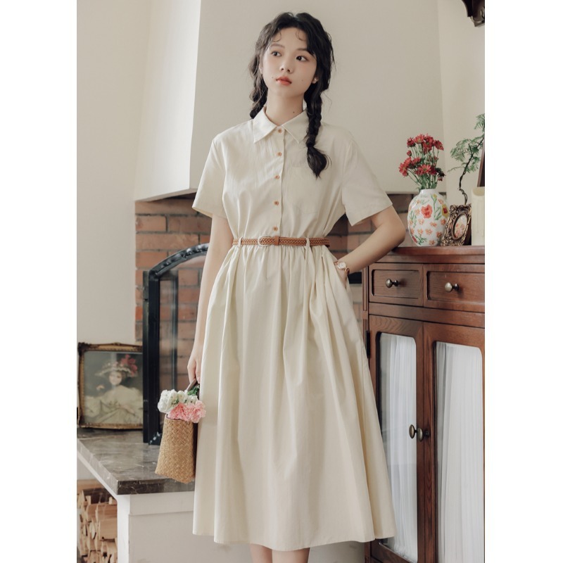 Preppy Style Simple Short Sleeves Shirt A- Line Waist Fitted Slimming Dress - Image 4
