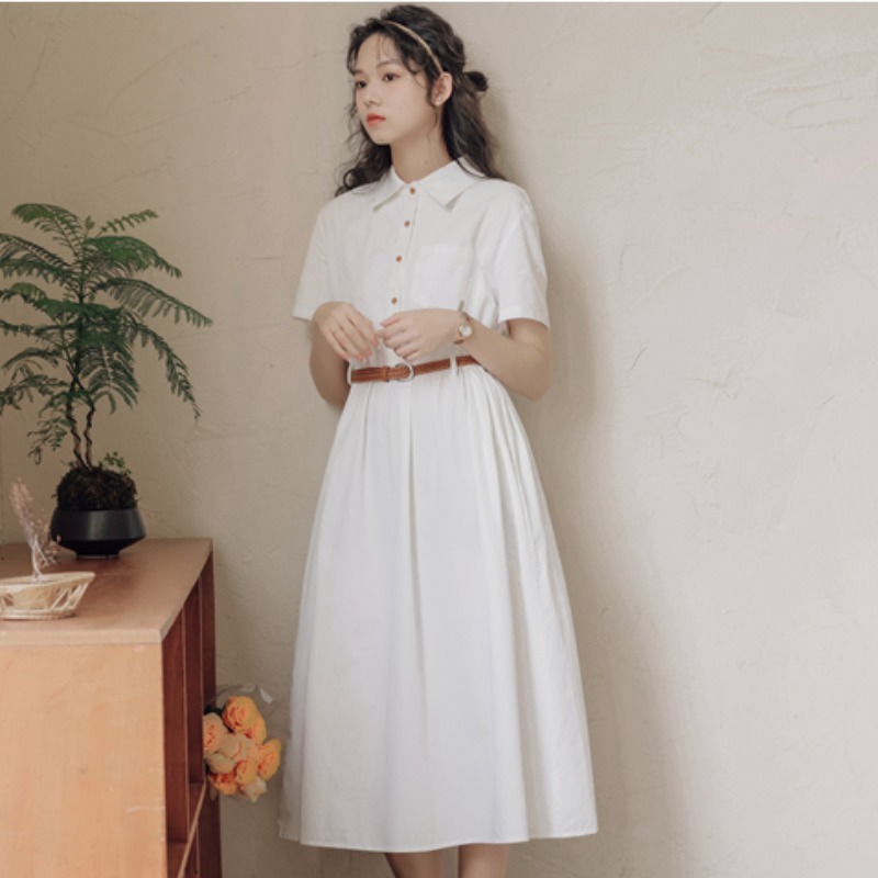 Preppy Style Simple Short Sleeves Shirt A- Line Waist Fitted Slimming Dress