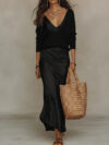 V Neck Loose Knit Satin Slip Mermaid Maxi Skirt Two Piece Set