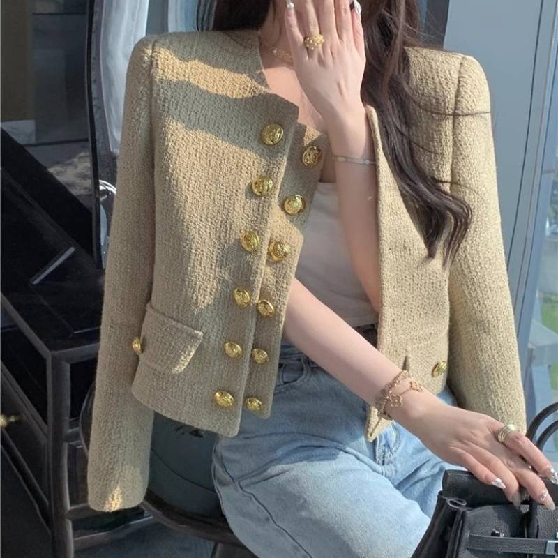 Crew-neck Padded-shoulder Cropped Jacket