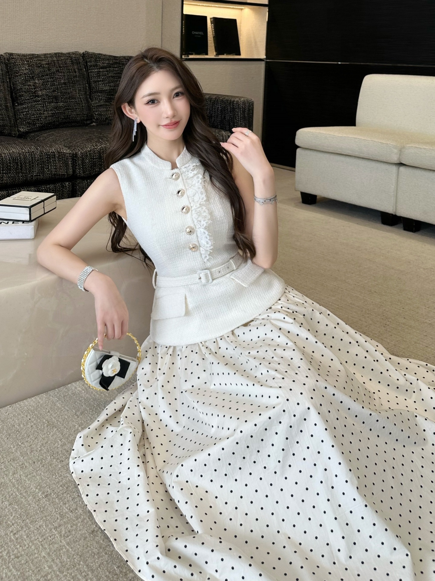 Sleeveless Faux Two-piece Spliced Polka-dot Dress - Image 4