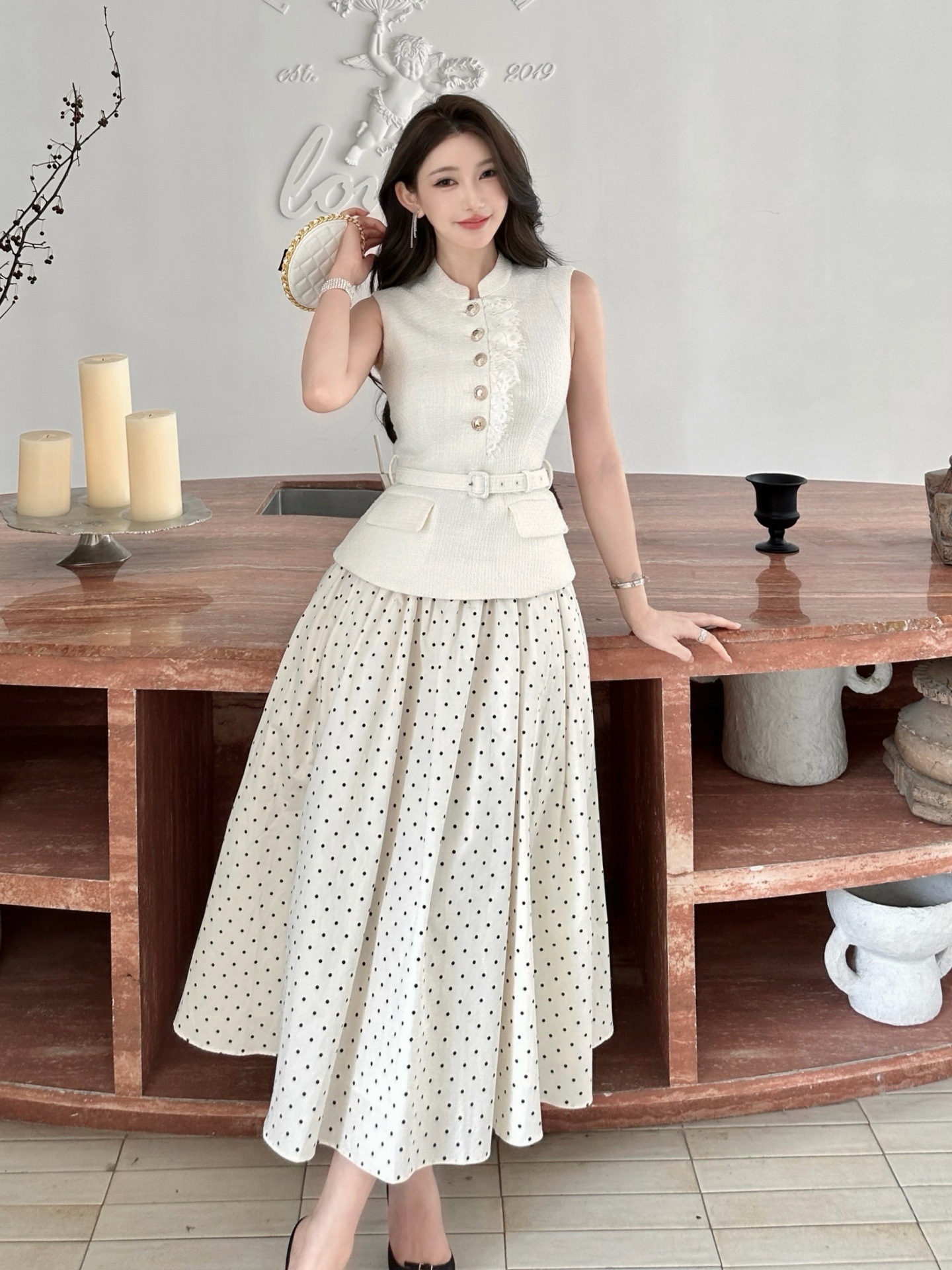 Sleeveless Faux Two-piece Spliced Polka-dot Dress - Image 2