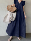 Denim Solid Color V-neck Bohemian Loose Long Dress