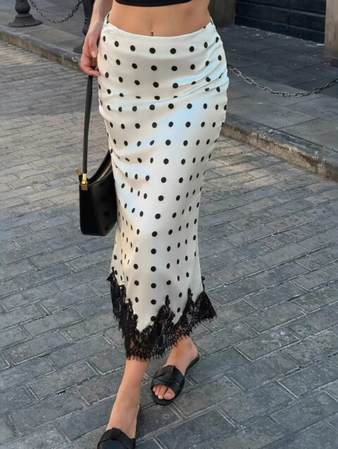 Satin Polka-dot Lace-panel Mid-length Skirt