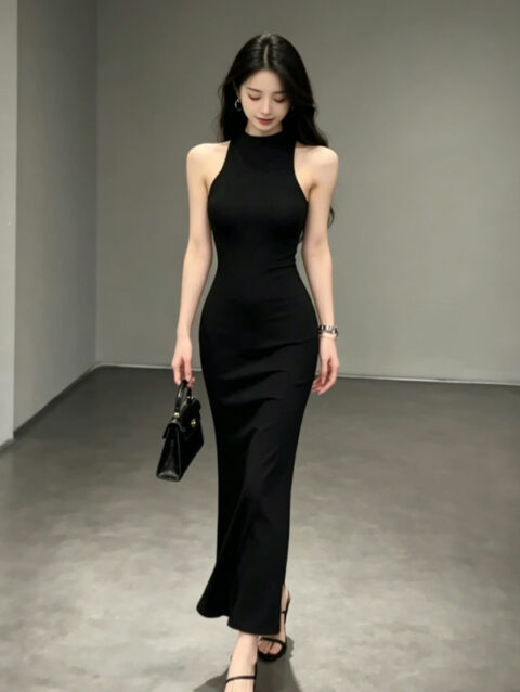 Halter-neck Slit Mid-length Sleeveless Dress