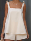 Bow Strap Square Neck A-Line Tank and Elastic Waist Casual Shorts
