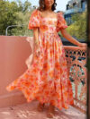 Bubble Sleeve Square Collar Printing A- Line High Waist Dress