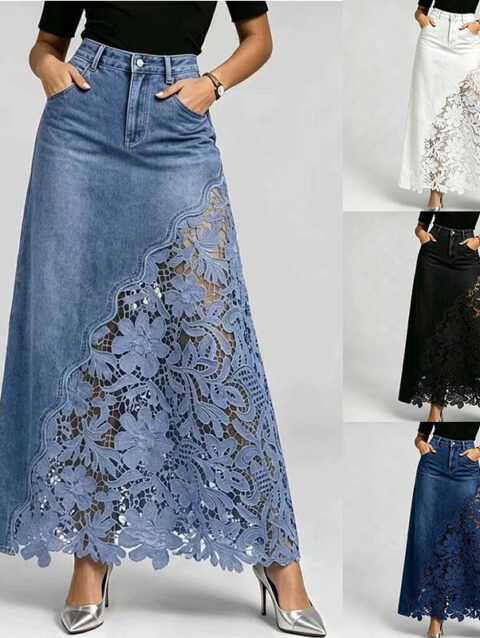 Washed Denim Lace-Panel Long Bodycon Skirt