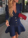 Deep V Puff Sleeve Tight Ruffled Dress