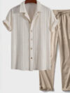 Lapel-hort-Sleeve Shirt And Comfortable Linen-Look Long Pants Set