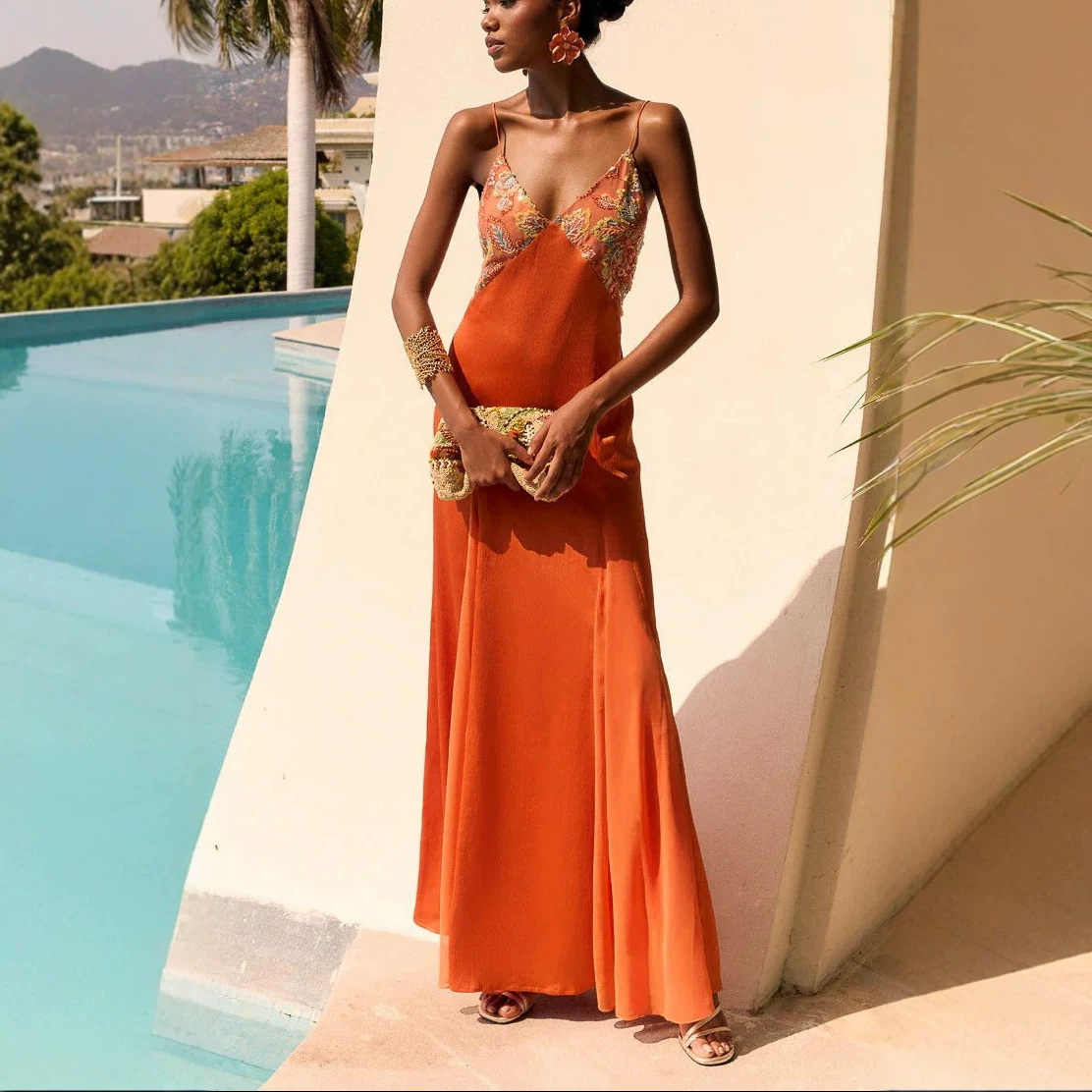 Spaghetti-strap Satin Dress And Scarf Two-piece Set - Image 2
