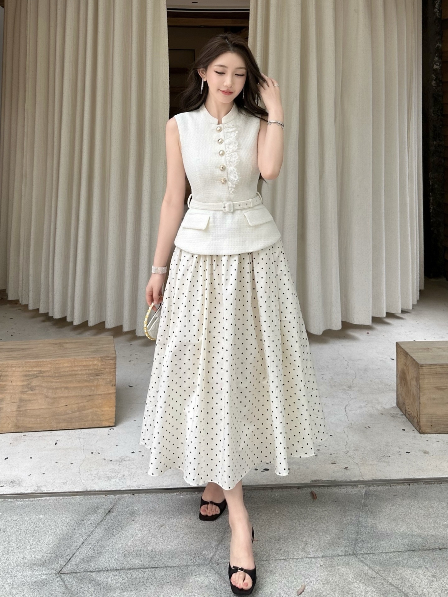 Sleeveless Faux Two-piece Spliced Polka-dot Dress - Image 3