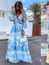 Elegant Hollow Floor V-neck Long-sleeved Plant Dress