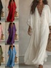 Elegant Casual Lace Trim V Neck Flowy Maxi Dress