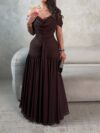 Off-the-Shoulder Draped Chiffon Lace Ruched Maxi Dress