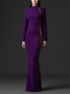 Purple Crepe High-Neck Long-Sleeve Beaded Mesh Cutout Mermaid Gown